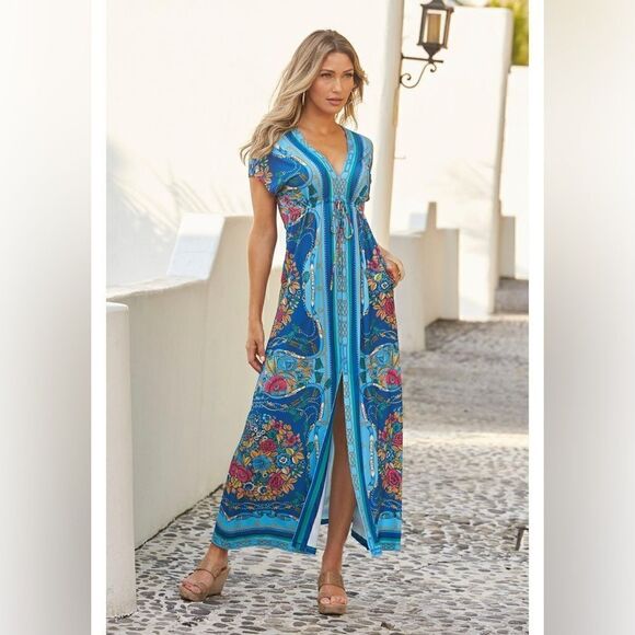 Boston Proper- Women’s Border Scarf Print Blue Floral Maxi Dress, Size Small - Picture 4 of 16